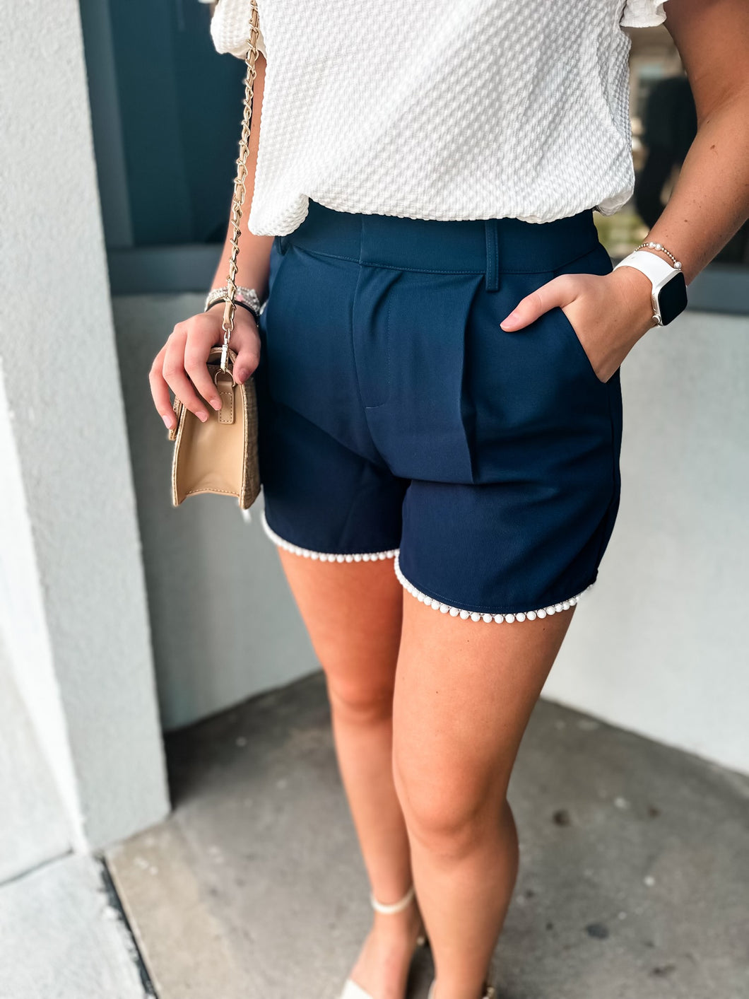 Pearl Trimmed Hem Pleated Shorts