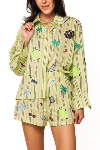 QOS Green Stiped Travel Icon Button Up Long Sleeve Top