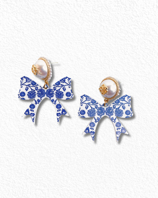 Chinoiserie Blue & White Bow Earrings