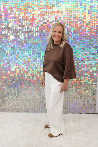 P. Cill Cocoa 3/4 Sleeve Round Neck Top