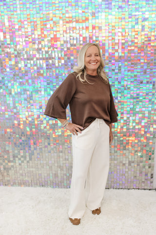 P. Cill Cocoa 3/4 Sleeve Round Neck Top