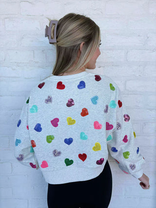 QOS Light Grey Multi Rhinestone Heart Sweatshirt