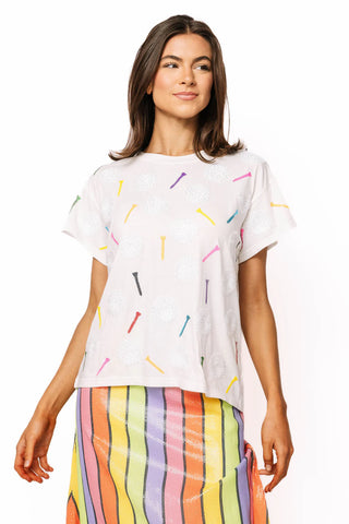 White Golf Ball & Multi Golf Tee T-shirt | Queen of Sparkles