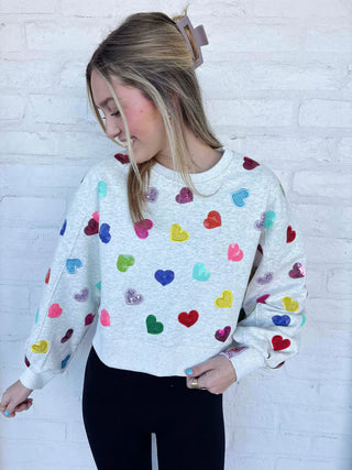 QOS Light Grey Multi Rhinestone Heart Sweatshirt