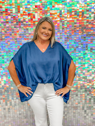Satin V-Neck Elastic Flow Top - NAVY