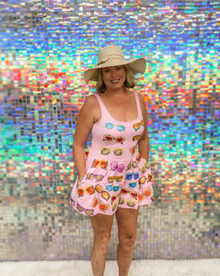 QOS Pink Multi Sunglasses Tank Romper