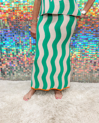 QUEEN OF SPARKLES Teal Wave Trim Knit Midi Skirt