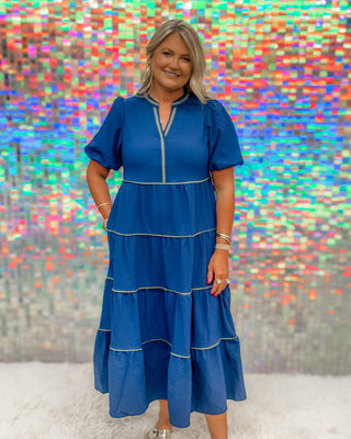 Mary Square Cobalt Contrast-Trim Maxi Dress