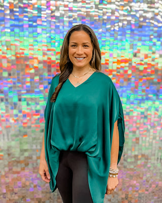 Satin V-Neck Elastic Flow Top - EMERALD