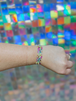 Beaded Stretch Bracelet Set - Aqua/Purple/Yellow