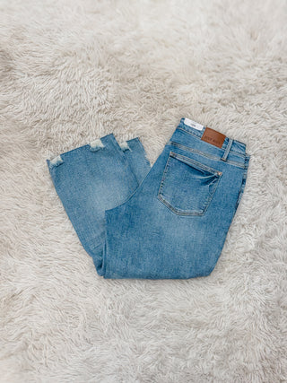 Judy Blue Mid Rise Kick Flares - Distressed Hem