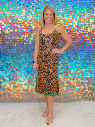 QOS SEQUIN LEOPARD KNIT MIDI DRESS