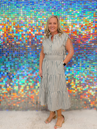 Striped Cotton Smocked Waist Midi Dress