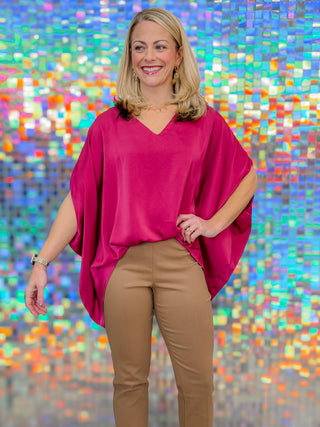 Satin V-Neck Elastic Flow Top - Rose