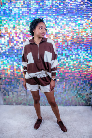 Brown & Ivory Colorblock Half-Zip Shorts Set