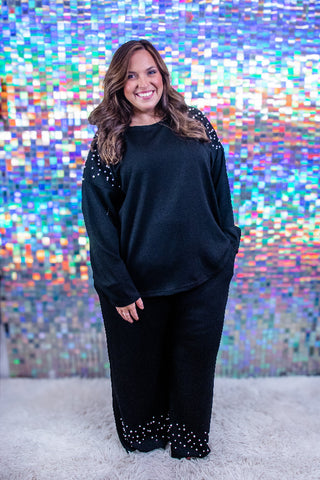 Pearl Embellished Black Tunic and Pants Set - Plus