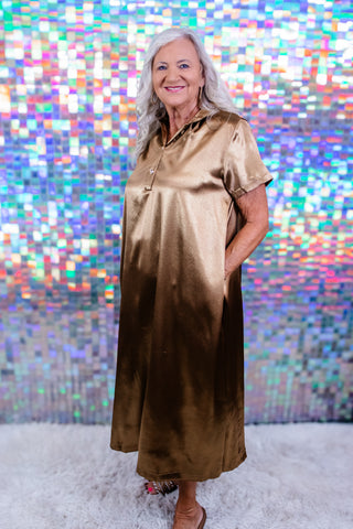 Bronze Quarter-Zip Collared Midi Dress