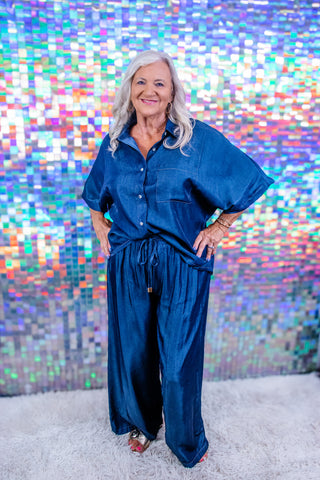 Denim Blue Button-Front Shirt & Wide-Leg Pants Set