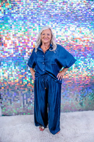 Denim Blue Button-Front Shirt & Wide-Leg Pants Set