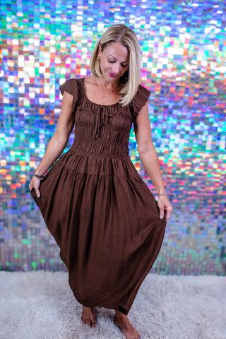 Chocolate Brown Smocked Flutter-Sleeve Midi Dress