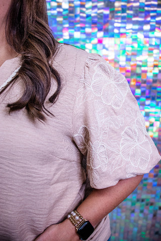 Short Embroidered Puff Sleeve Woven Top with Neck Trim Lace Detail - Taupe (Plus)