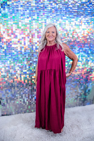 Maroon Halter Neck Tiered Maxi Dress