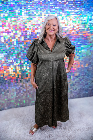 Olive Abstract Print Puff-Sleeve Maxi Dress