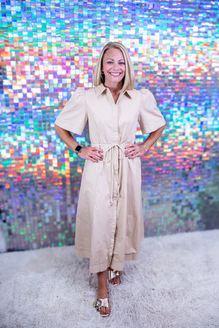 Taupe Tie-Waist Button-Front Shirt Midi Dress
