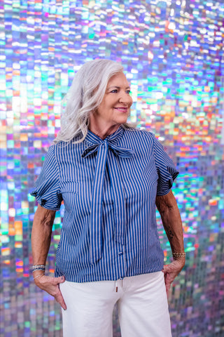 All Tied Up Blue Striped Bow-Neck Blouse