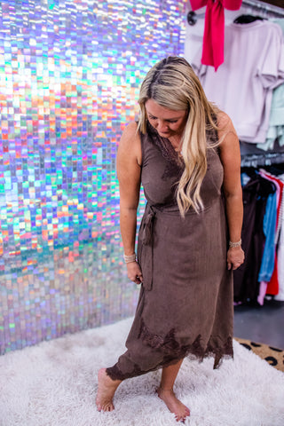 Mocha After Dark Lace-Trim Midi Dress