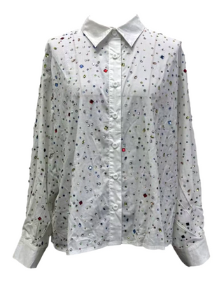 white multi rhinestone button up