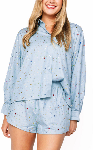 Chambray Multi Rhinestone button up Shirt