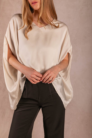 Satin V-Neck Elastic Flow Top - Frost