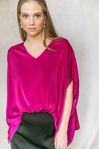 Satin V-Neck Elastic Flow Top - Rose