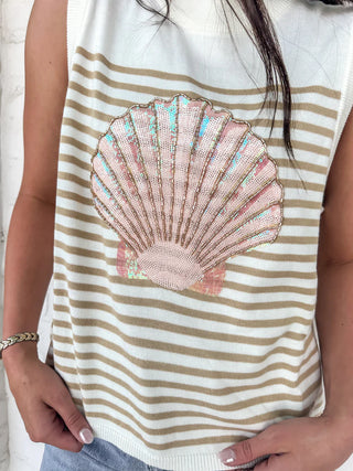 Queen Of Sparkles Ivory & Tan Striped Shell Knit Tank
