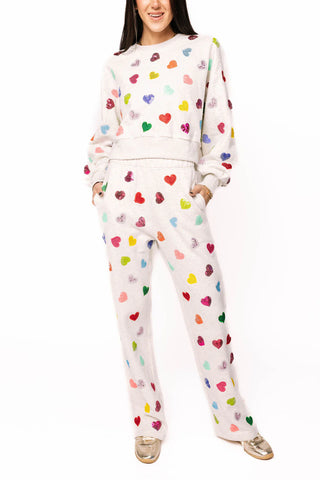 QOS Light Grey Multi Rhinestone Heart Sweatpants