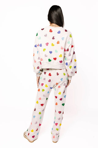 QOS Light Grey Multi Rhinestone Heart Sweatpants