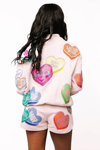 QOS Pale Pink Multi Positive Hearts Sweatshirt