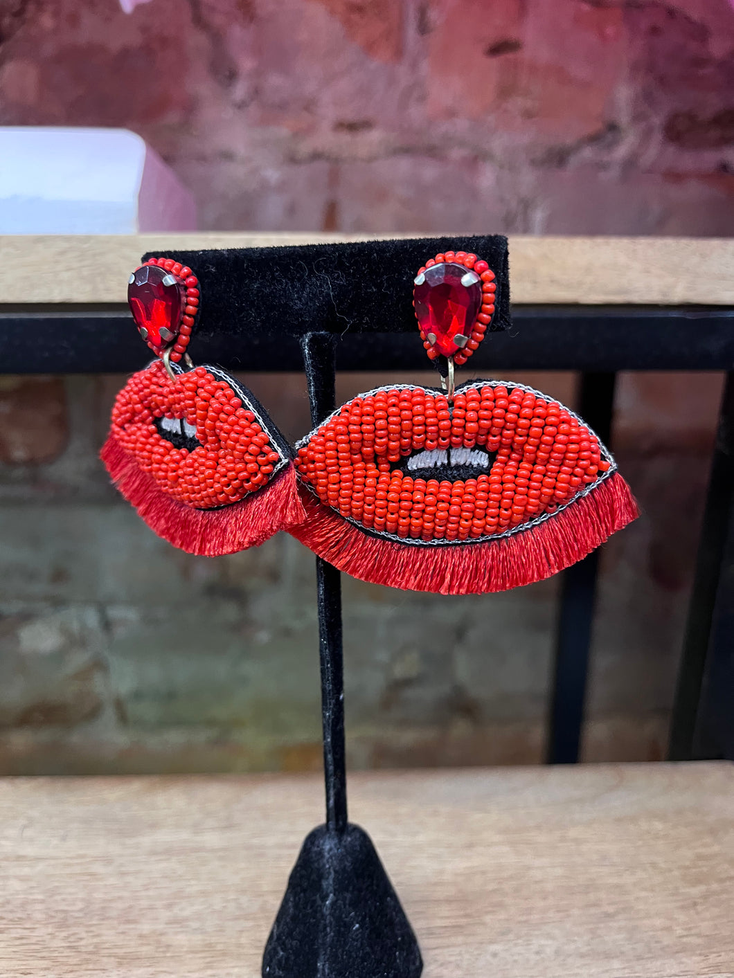 Red Beaded Mouth Earrings